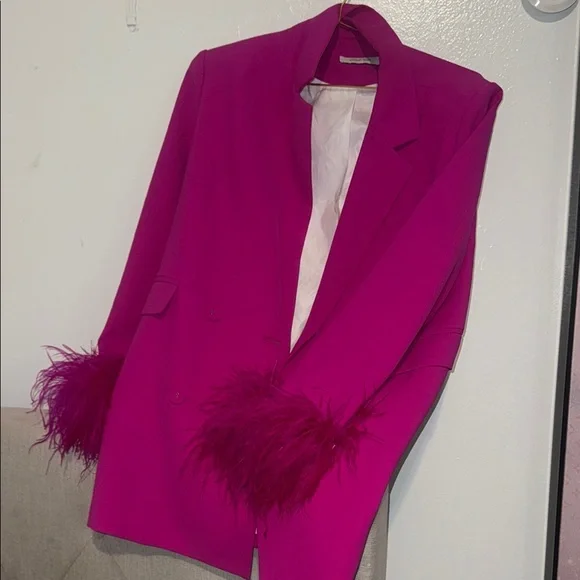 Vibrant Pink Blazer with Feather Cuffs - Picture 3 of 5